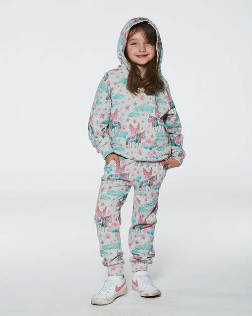 Shop Deux Par Deux Girl's Printed Shiny French Terry Hoodie Gray Mix Printed Unicorn In Printed Angel Unicorns