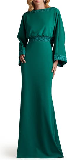 Drape Back Crepe Long Sleeve Gown