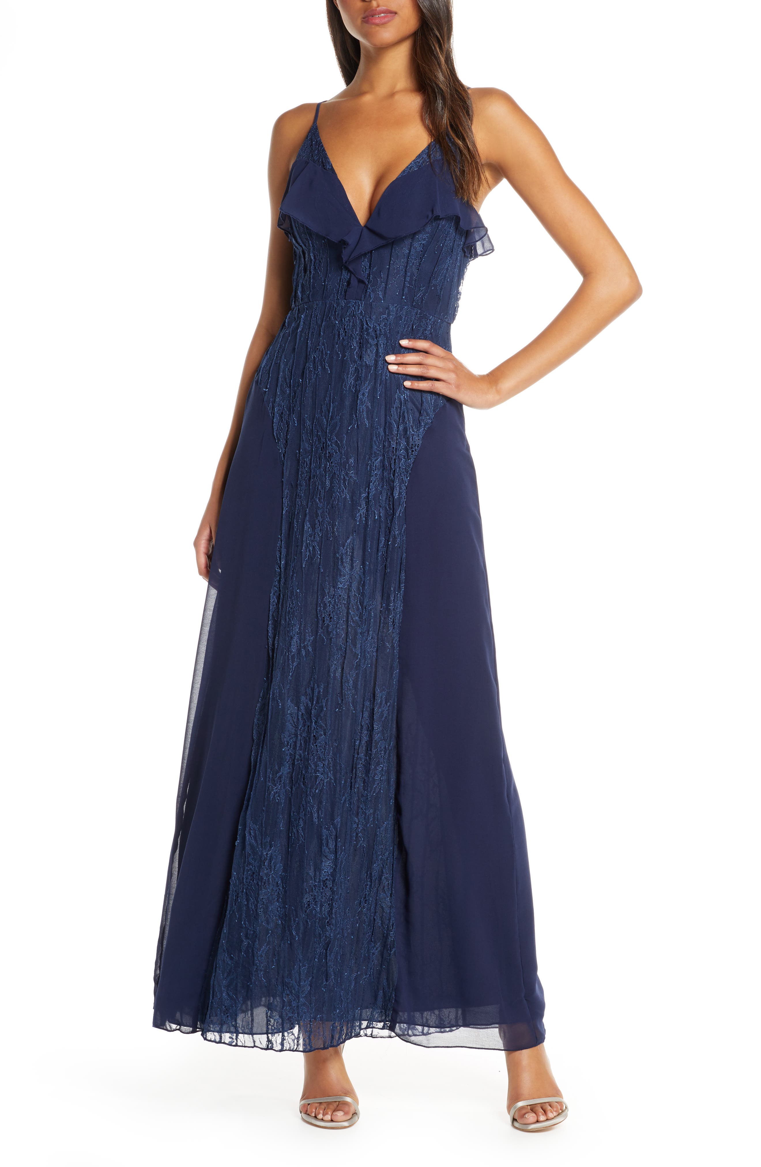 Foxiedox Pintuck Lace & Chiffon Evening Gown, Blue