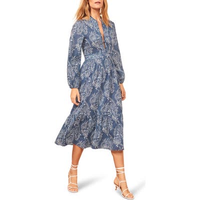Reformation Delilah Long Sleeve Organic Cotton Dress, Blue
