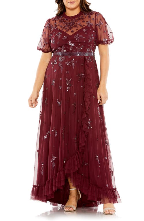 Beaded Floral Short Sleeve Gown in Bordeaux