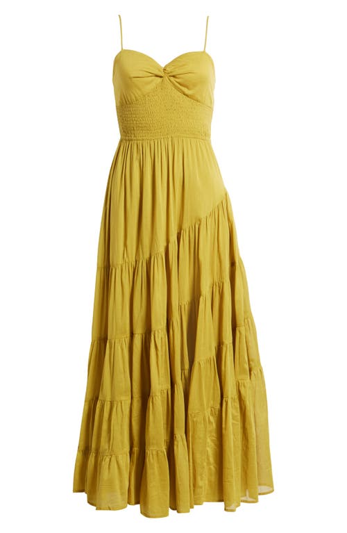 Free People Sundrenched Smocked Waist Tiered Cotton Maxi Dress in Bitter Oil