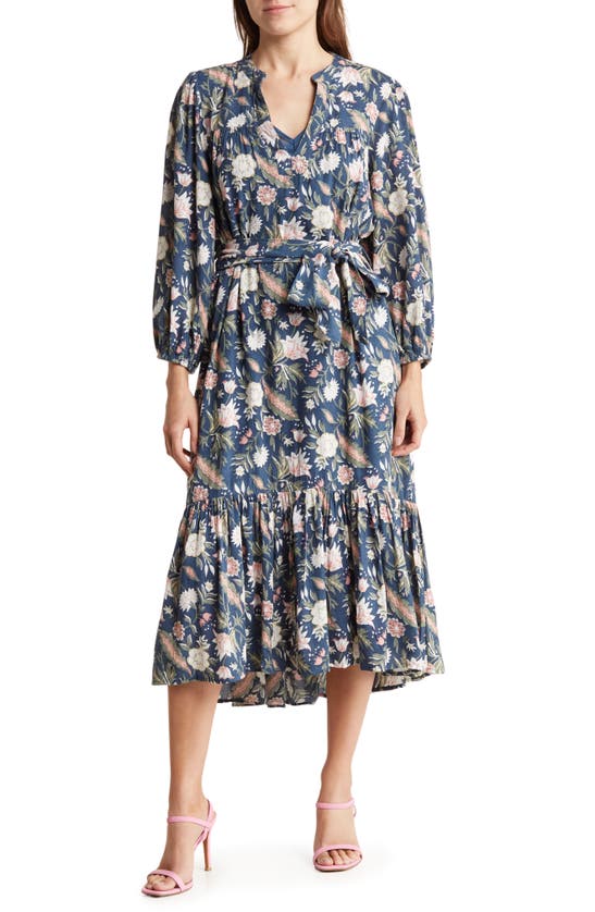 Maisie Floral Long Sleeve Midi Dress In Denim/ Pink | ModeSens