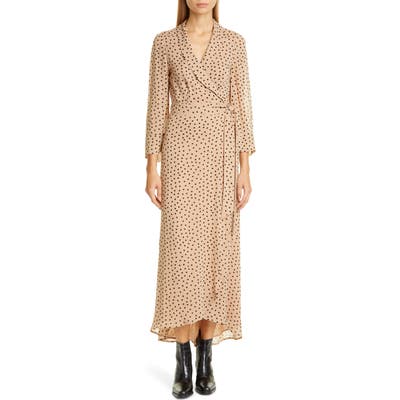 Ganni Dot Georgette Wrap Maxi Dress, US / 4 - Beige