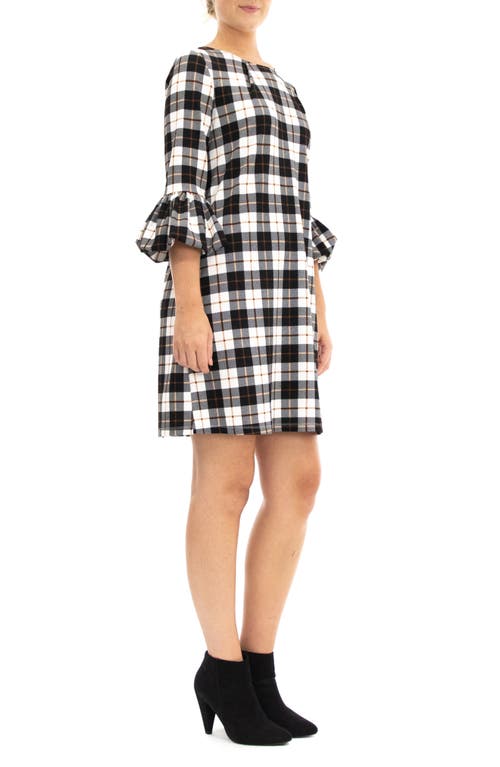 Nina Leonard Windowpane Ruffle Sleeve Shift Dress In Ivory/black/mocha