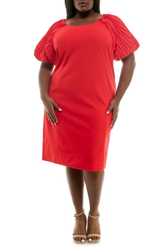 Nina Leonard Pleat Puff Sleeve Midi Dress In Poppy Red