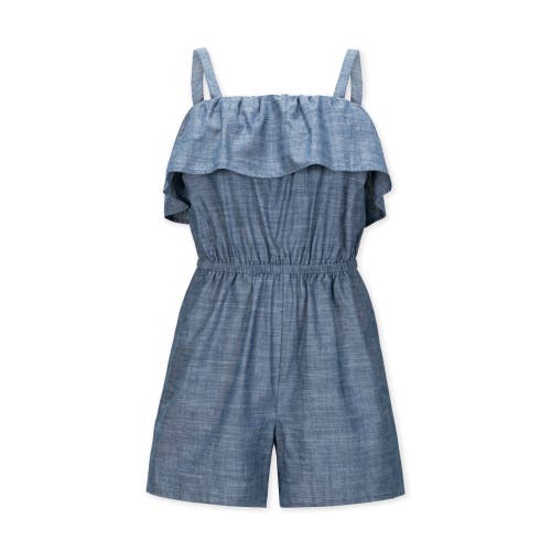 Hope & Henry Organic Ruffle Top Chambray Romper In Chambray Ruffle