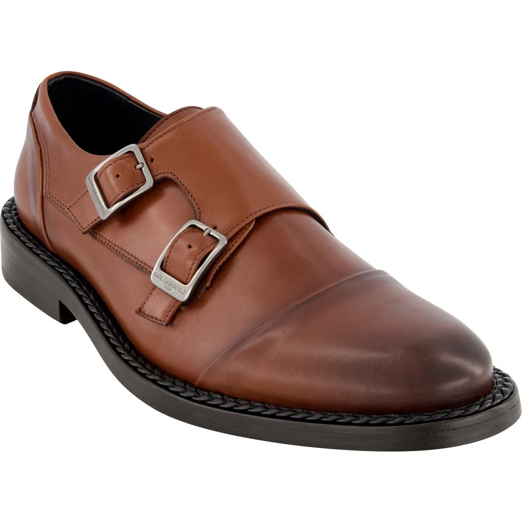 Karl Lagerfeld Men's White Label Leather Double Monk Strap Shoes In Brown
