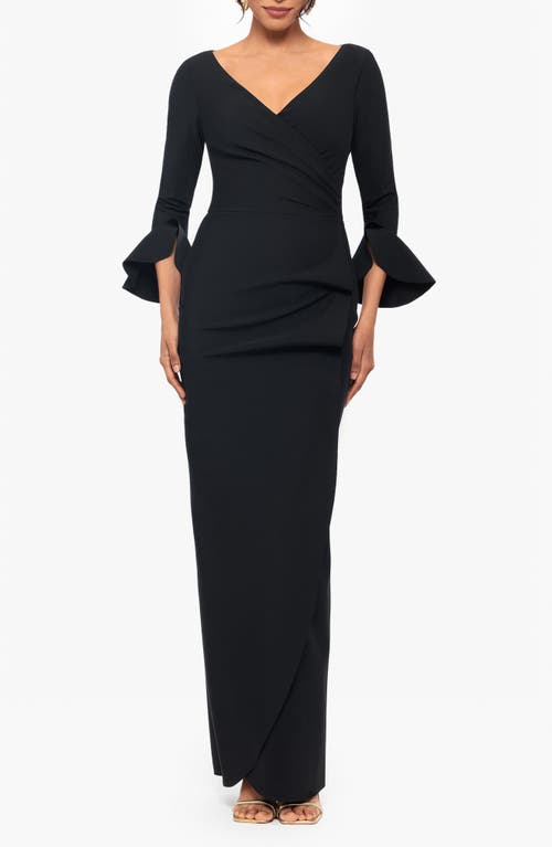 Betsy & Adam Ruffle Sleeve Faux Wrap Gown in Black 