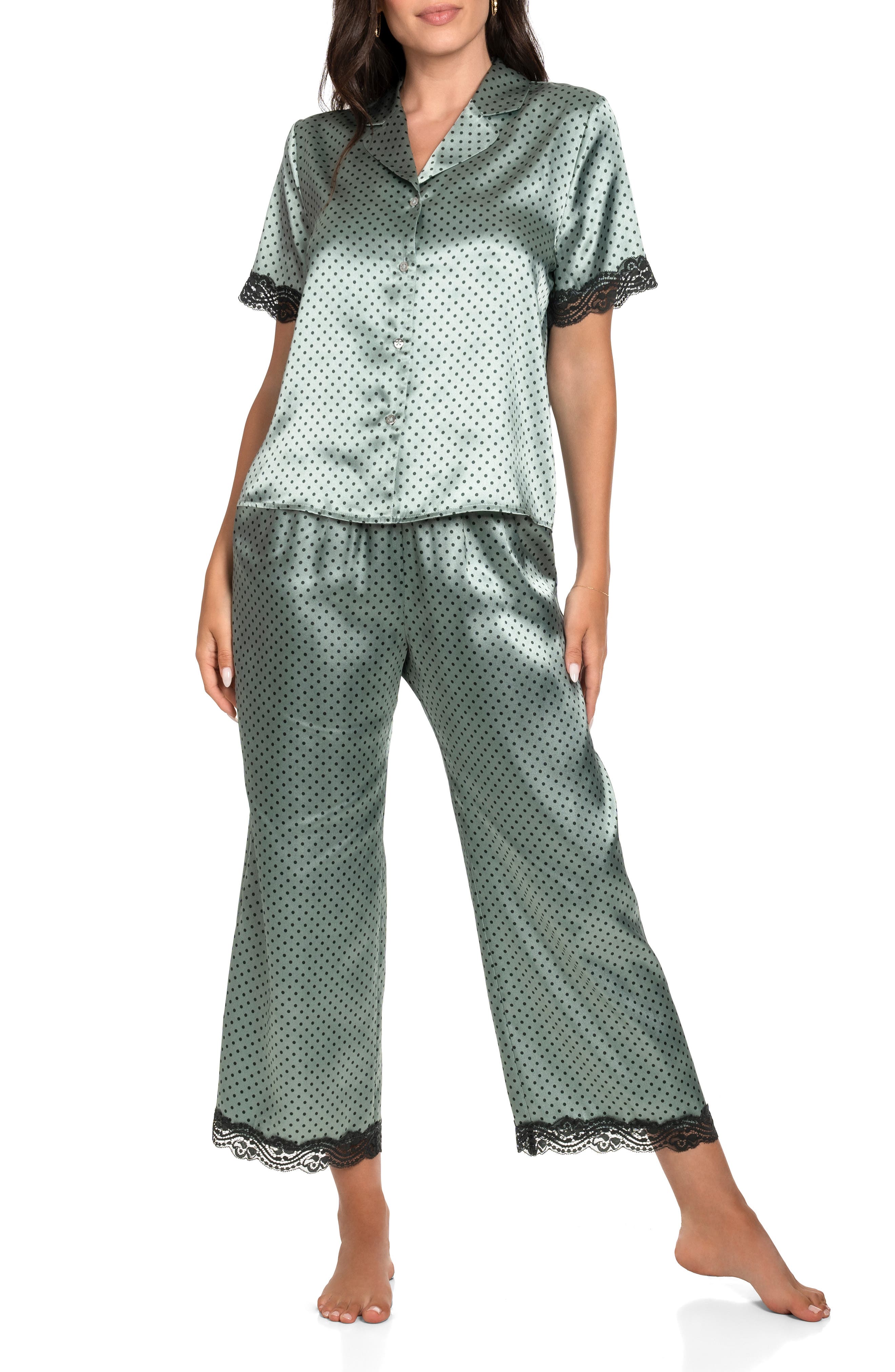 In Bloom by Jonquil Tyanna Polka Dot Lace Trim Satin Pajamas in Pistachio 