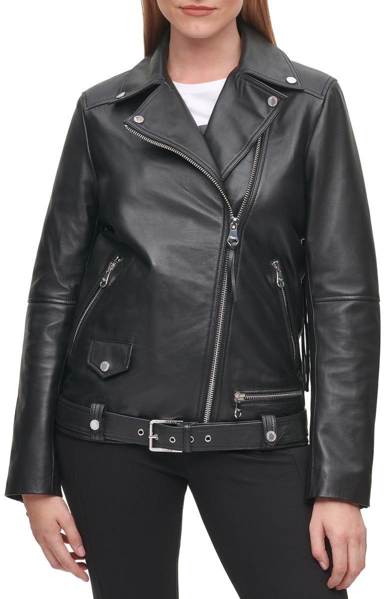Missie licentie Phalanx Karl Lagerfeld Paris Logo Fringe Leather Moto Jacket | Nordstrom