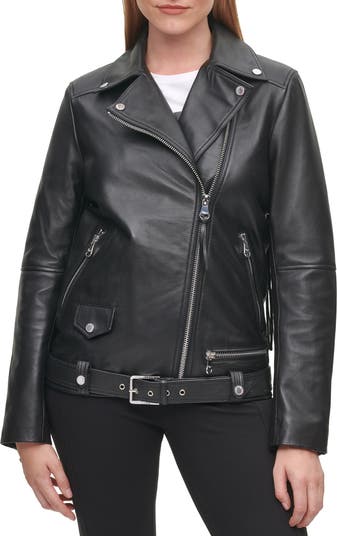 Karl Lagerfeld Paris Logo Fringe Leather Moto Jacket in Black