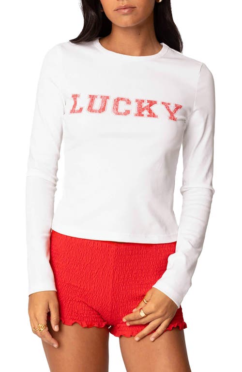 Shop Edikted Get Lucky Long Sleeve Stretch Cotton T-shirt In White