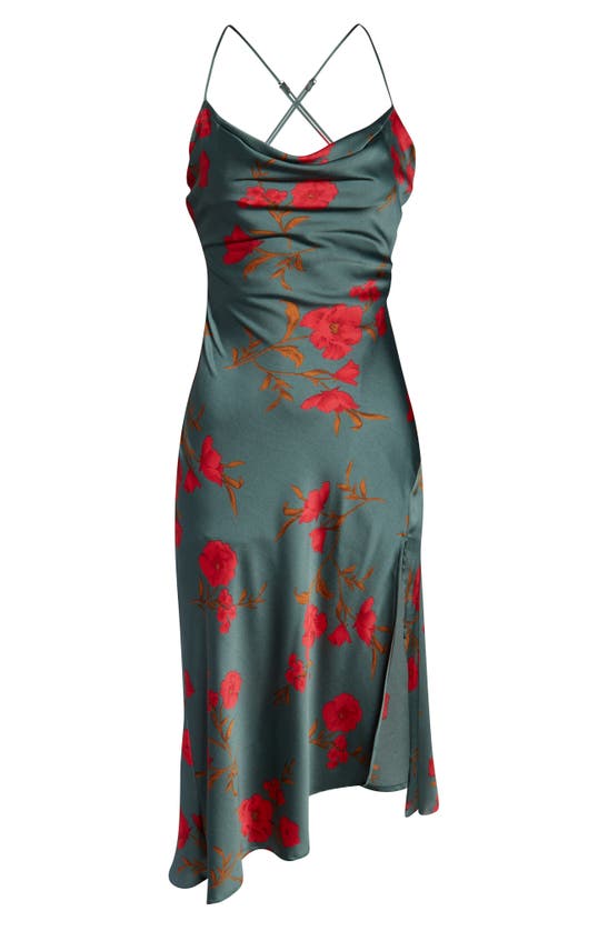 Shop Astr Gaia Strappy Bias Cut Satin Midi Dress In Teal-raspberry Floral