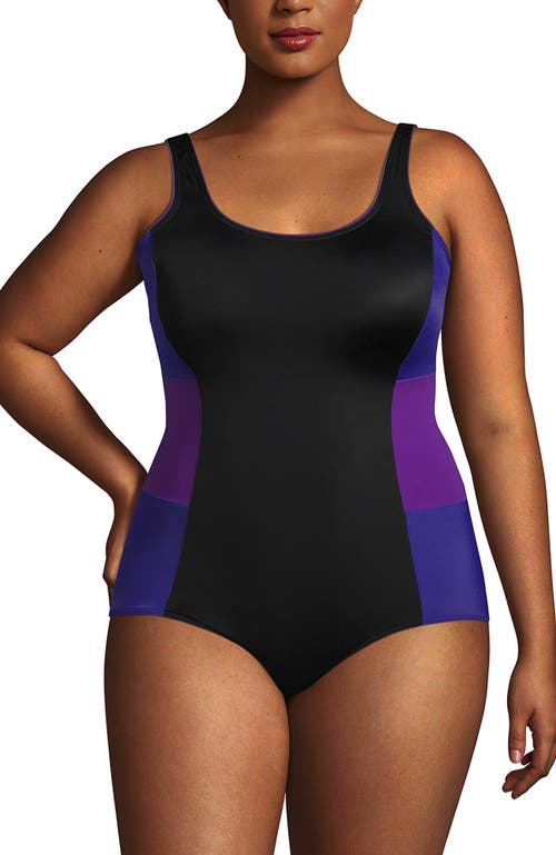 Shop Lands' End Plus Size Chlorine Resistant Soft Cup Tugless Sporty One Piece Swimsuit In Black/purple Grape