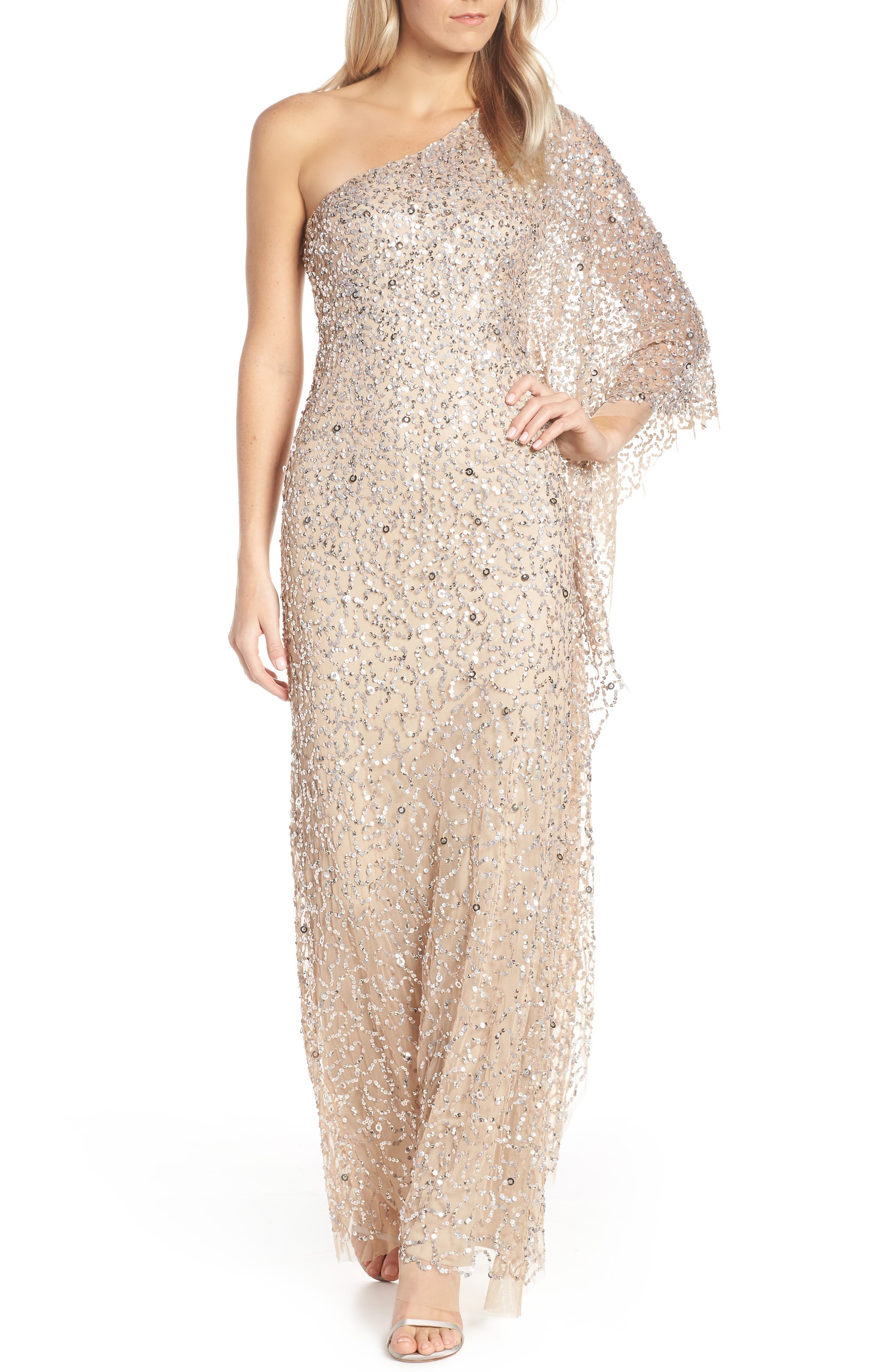 one shoulder beaded gown