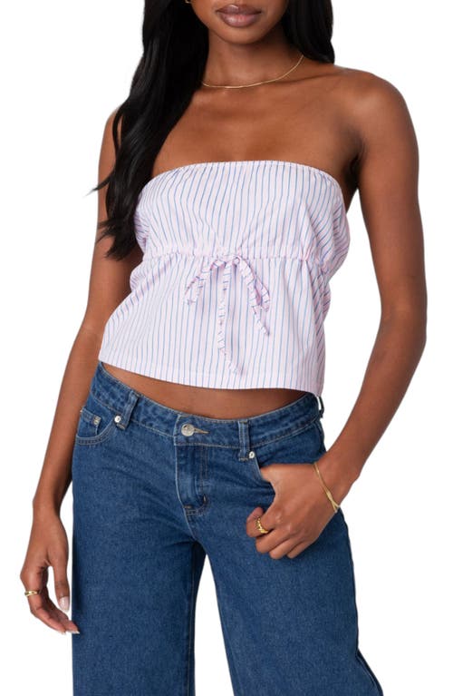 EDIKTED Augusta Pinstripe Strapless Peplum Crop Top Light-Pink at Nordstrom,