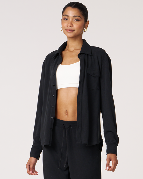 Rebody Active Retreat Waffle Button Down Shirt In Black