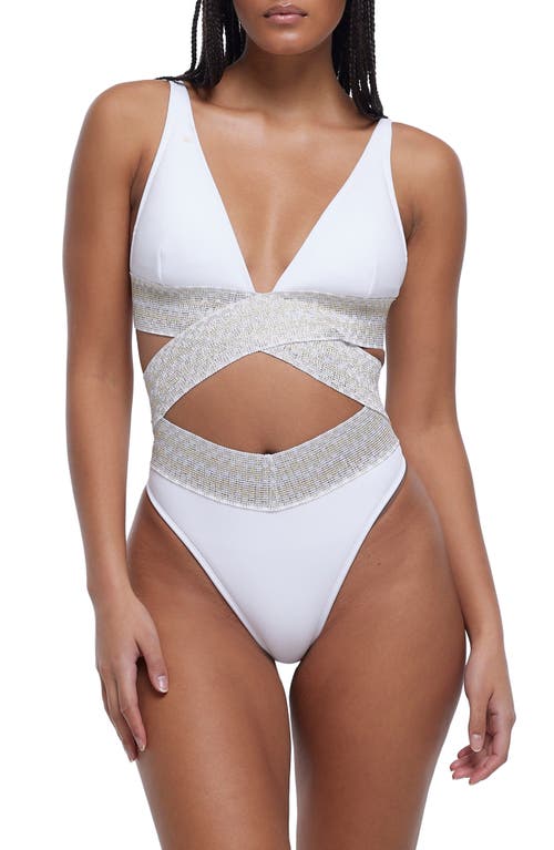 River Island Plunge Neck Metallic Wrap One-Piece Swimsuit in White