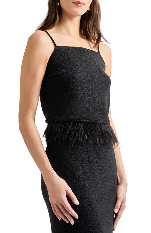 Misook Modern Fit Ostrich Feather Trim Stretch Woven Tank In Black