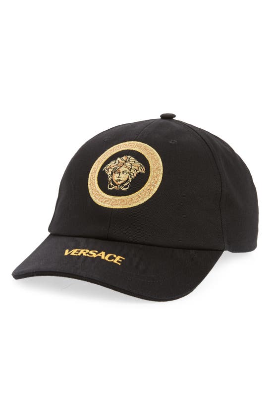Versace Biggie Medusa Coin Embroidered Baseball Cap In Black/ Gold