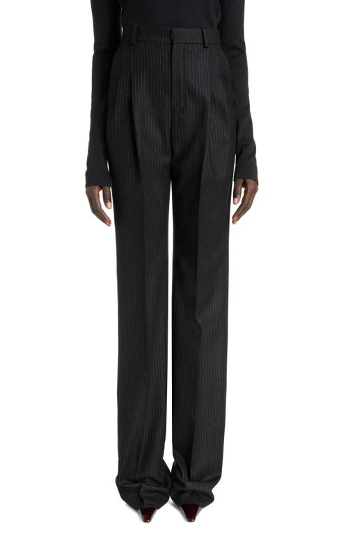 Saint Laurent Pinstripe Pleated Wool & Cotton Wide Leg Trousers In Noir/craie