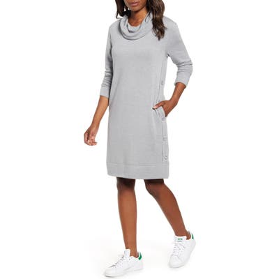 Petite Caslon Cowl Neck Side Button Long Sleeve Dress, Grey
