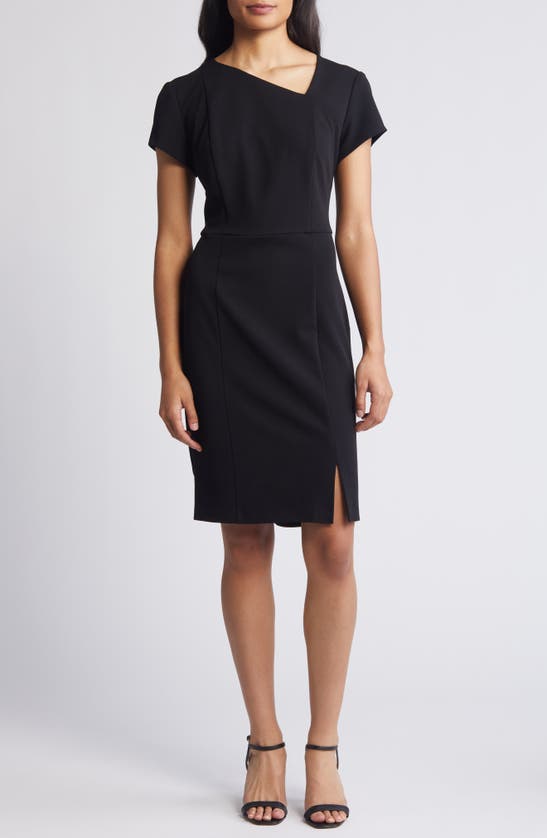 Shop Connected Apparel Asymmetric Neck Scuba Sheath Dress In Black