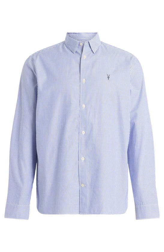 Shop Allsaints Hillview Pinstripe Long Sleeve Button-up Shirt In Daisy White/ Sur Blue