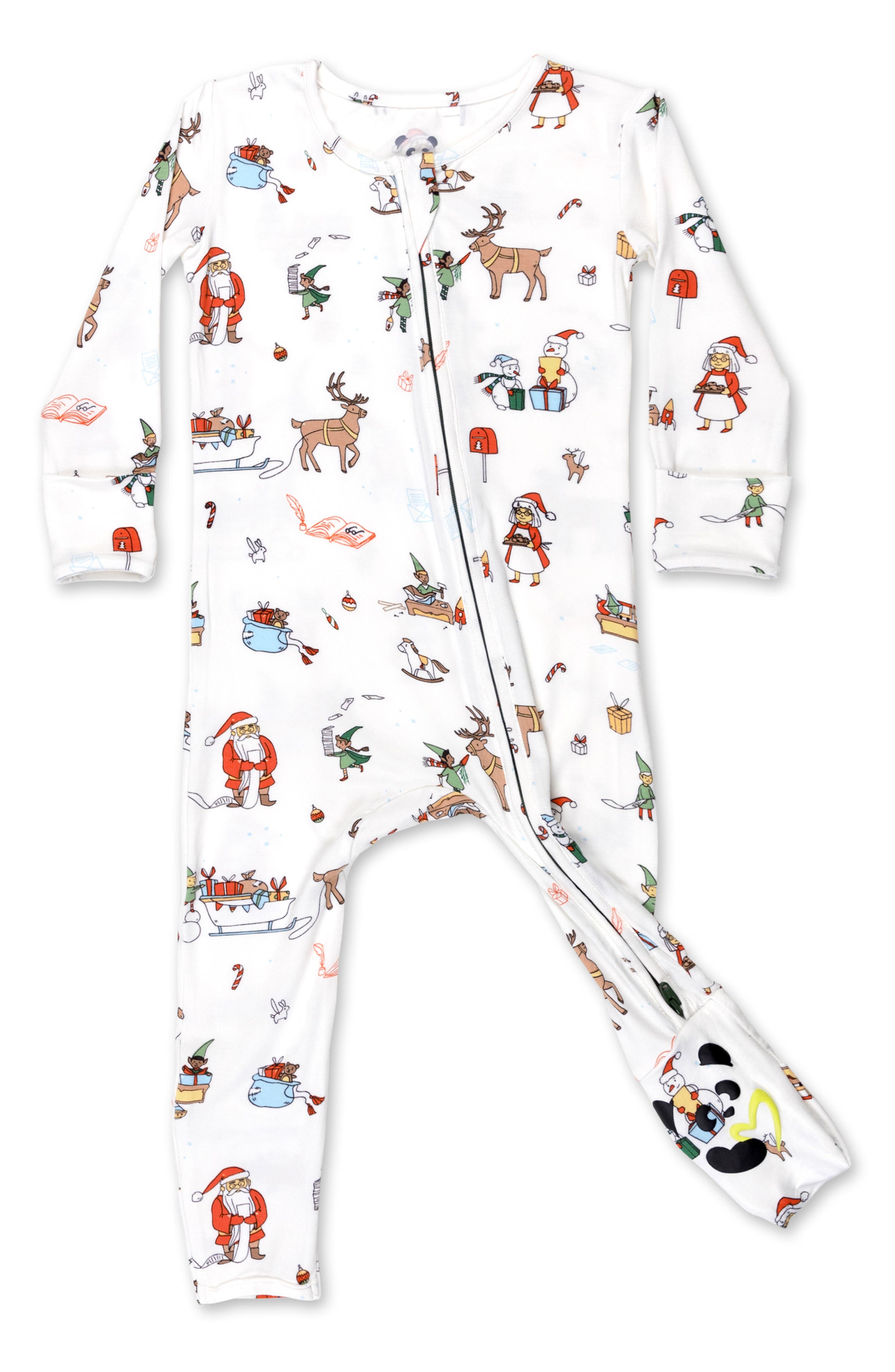 Bellabu Bear Santa's Workshop Fitted One-Piece Convertible Footie Pajamas in White 