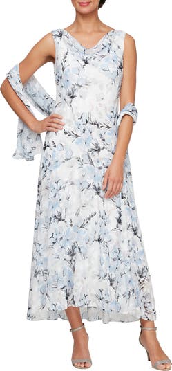 Alex Evenings Floral Cowl Neck Sleeveless Midi Dress Shawl