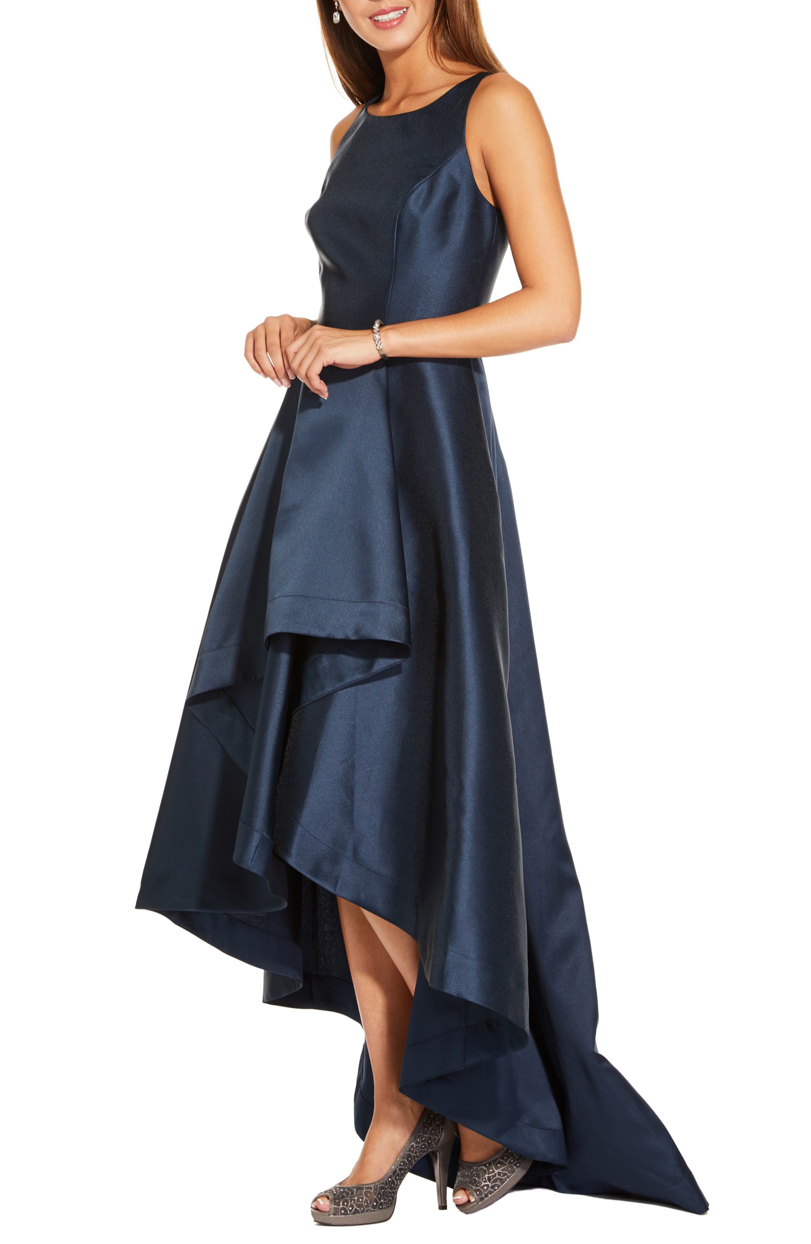 Adrianna Papell Mikado High Low Sleeveless Gown in Midnight