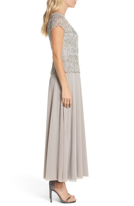 Pisarro Nights Beaded Mesh Mock Two-piece Gown In Silver