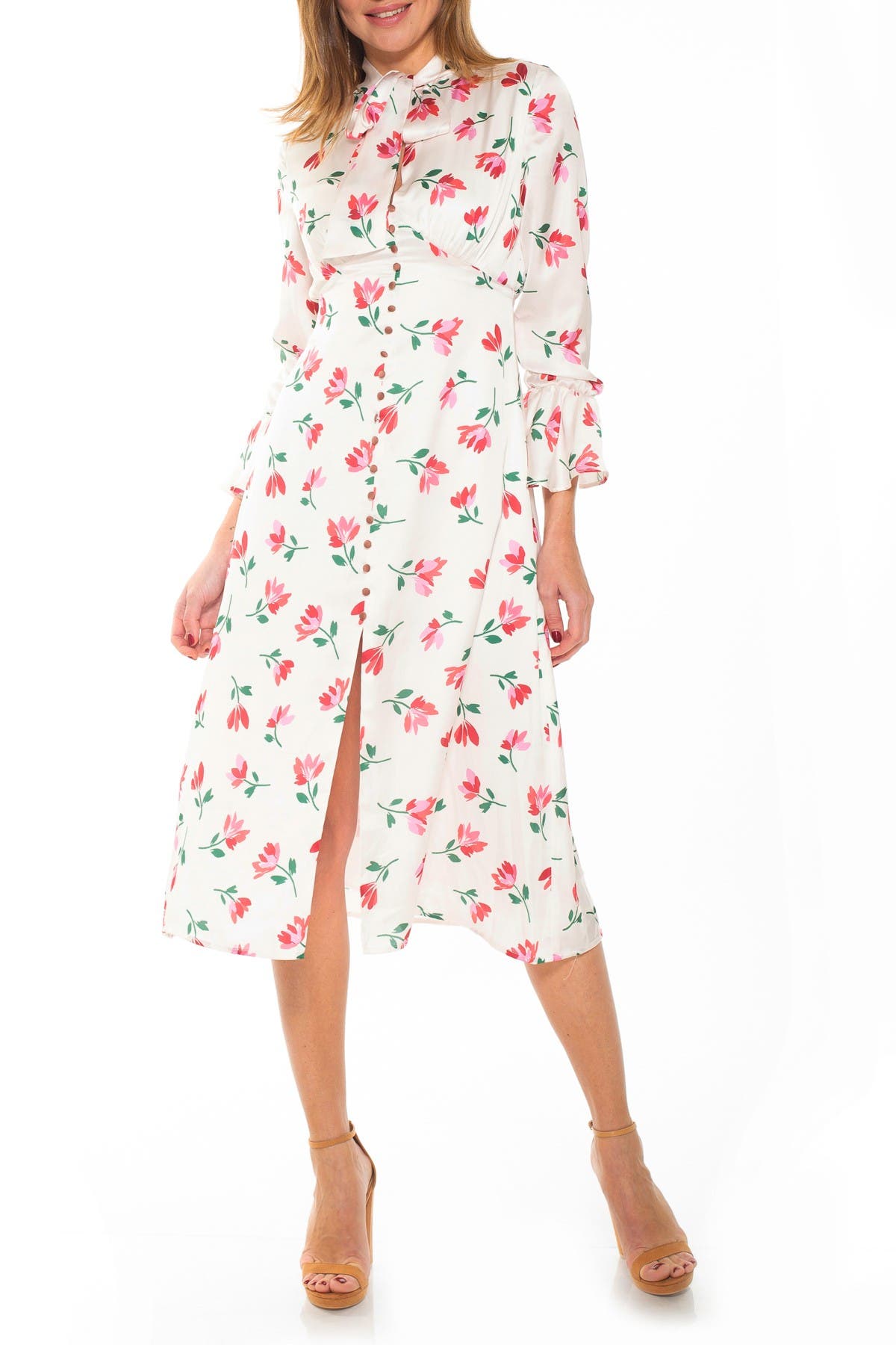 Alexia Admor Gemma Bow Tie Button Down Floral Print Midi Dress In Open White28