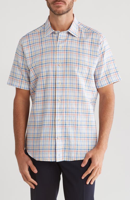 Shop David Donahue Herringbone Short Sleeve Linen & Cotton Button-up Shirt In Blue/melon