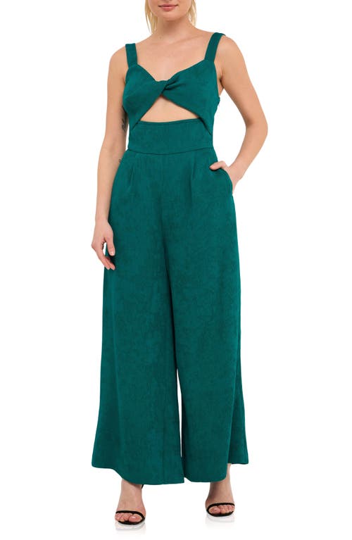 Shop Endless Rose Plissé Cutout Wide Leg Jumpsuit In Emerald