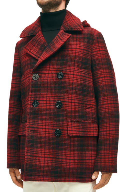 Brooks Brothers Out Buffalo Check Hooded Wool Peacoat Red Plaid at Nordstrom,