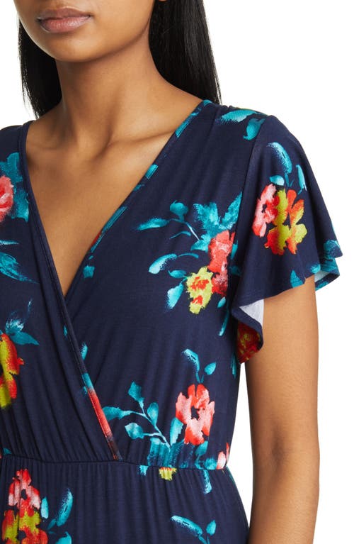 Loveappella Floral Tiered Faux Wrap Knit Maxi Dress In Navy/coral