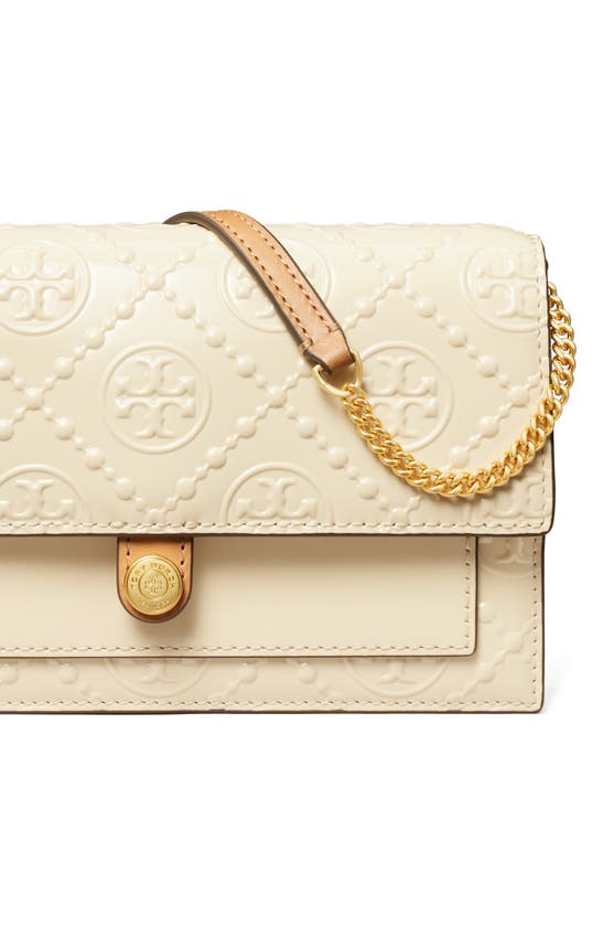 Shop Tory Burch T Monogram Embossed Leather Wallet On A Chain In Light Cream