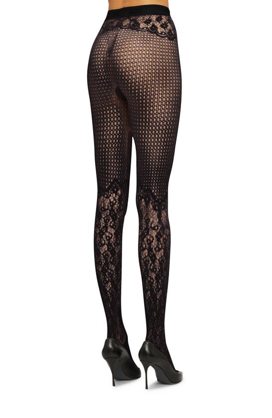 Shop Wolford Floral Lace Fishnet Tights In Black