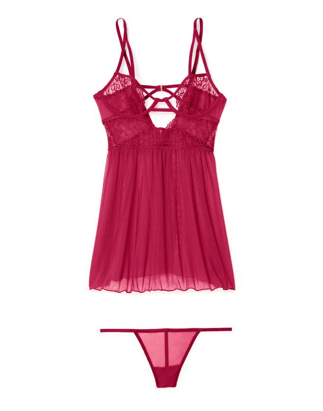 Shop Adore Me Rae Unlined Babydoll & G-string Set Lingerie In Dark Red