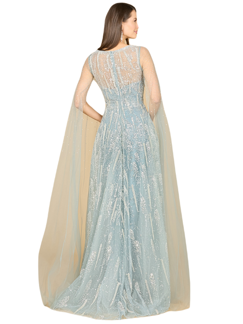 Lara New York Lace Gown With Cape Sleeves And V-neckline In Dustyblue