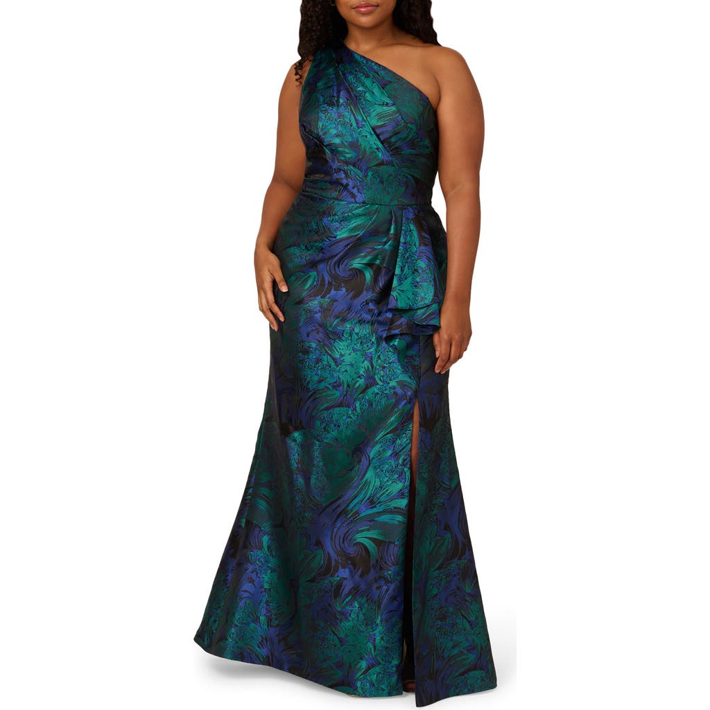 ADRIANNA PAPELL ADRIANNA PAPELL FLORAL ONE-SHOULDER JACQUARD MERMAID GOWN