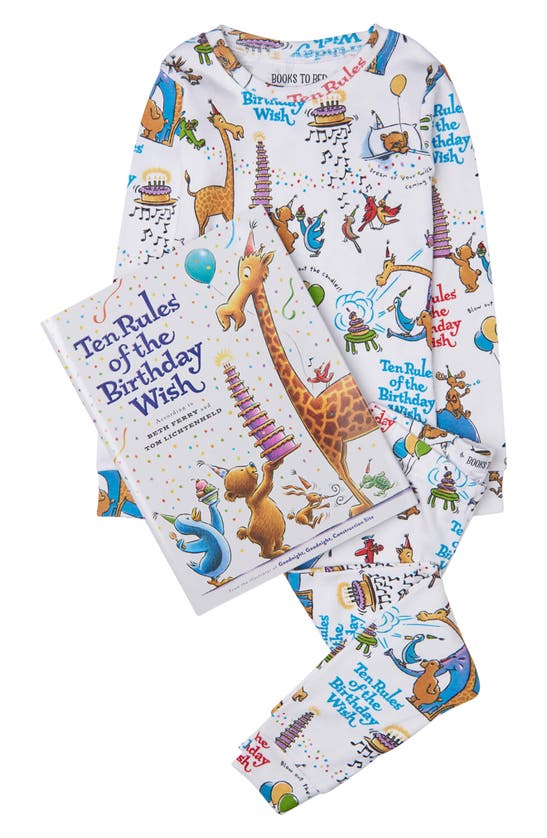 Books To Bed Kids' 'ten Rules Of The Birthday Wish' Two-piece Fitted Pajamas & Book Set In White