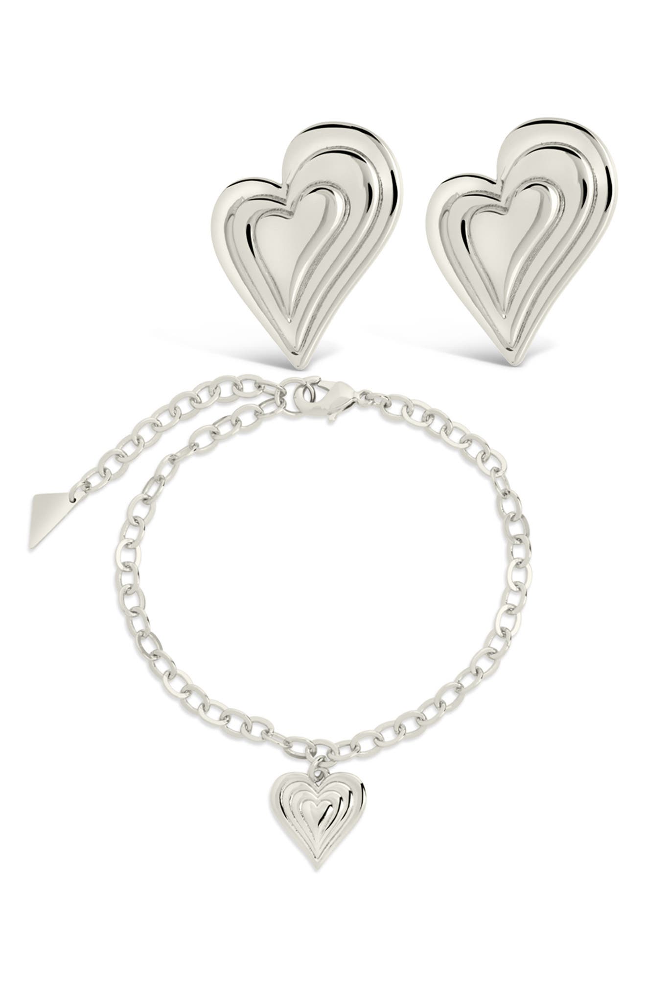 Sterling Forever Beating Hearts Drop Earrings & Charm Bracelet Set in Silver 