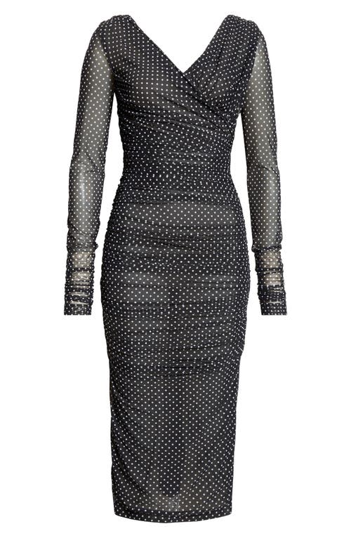 Shop Dolce & Gabbana Dolce&gabbana Polka Dot Ruched Long Sleeve Tulle Dress In Black/white