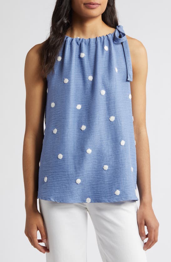 Shop Loveappella Tie Shoulder Sleeveless Top In Chambray