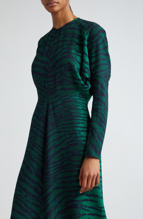Shop Victoria Beckham Tiger Print Long Sleeve Midi Dress In Tiger Allover - Green/navy
