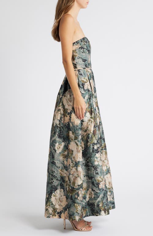 Tahari Asl Floral Strapless Ball Gown In Blush Sage Multi