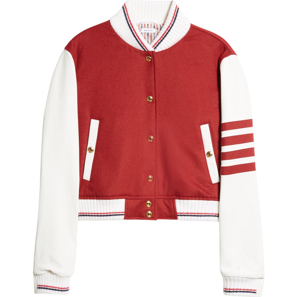 Thom Browne 4-bar Crop Varsity Jacket In Burgundy